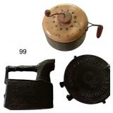VINTAGE POPCORN POPPER, ANTIQUE CAST IRON WRIGHT & BRIDGEFORD LOUISVILLE KY 8,9 WAFFLE IRON, ANTIQUE CAST IRON STEAM IRON