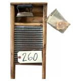 APPROX. 15” X 7” CHILD’S “LITTLE MONARCH” WASHBOARD, MINI TOY IRON