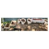7 CONCRETE PLANTERS, 1 CAST IRON PAINTED WHITE PLANTER