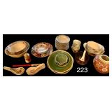 LOT OF ORIENTAL DISHES: SOUP BOWLS, SERVING BOWLS, SOUP SPOONS, SAUCE BOWLS, PAIR OF DECORATIVE WOODEN CHOPSTICKS, ETC.