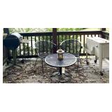 SMALL IRON LAZY SUSAN TABLE W/ 2 CHAIRS, SMOKER AS-FOUND, COOLER ON ROLLERS AS-FOUND