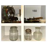 LARGE VINTAGE GLASS STORE TYPE CANDY JAR CHOCK-FULL OF VINTAGE KITCHEN UTENSILS, VINTAGE GLASS “CRACKER BARREL STYLE” COOKIES FLOUR SUGAR JAR, VINTAGE GLASS LE PRATIQUE GLASS JAR, VINTAGE RIBBED J