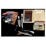 WOODEN KNIFE BLOCK W/ ASSORTED KITCHEN KNIVES, SET OF 6 CARVEL HALL KNIVES, SMALL SPOON, CAKE SERVER, LARGE CAKE KNIFE, ANTIQUE BONE HANDLED PEWTER INLAID FORK AND KNIFE, MEAT FORK