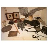 LOT OF ASSORTED SUNDRIES TO INCLUDE 2 SILHOUETTE TYPE FRAMES, 3 GEODES, STONES, METALLIC PIECE, LARGE HEAVY CAST IRON MADE IN JAPAN ANIMAL FIGURINE, ETC.