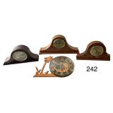 4 WOODEN BATTERY OPERATED CLOCKS: 1 SEIKO QUARTZ, 2 OTHER QUARTZ, 1 ELEPHANT