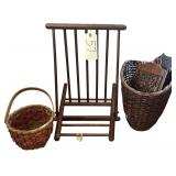VINTAGE/ANTIQUE WOODEN GOAT STOOL, 2 WOVEN BASKETS, WOODEN WALL HANGER