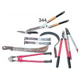 LOT OF HAND TOOLS: BOLT CUTTERS, MACHETE, 2 SEARS CRAFTSMAN PRY BARS, SNIPS, HAND SICKLE