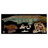 HAND CARVED WOODEN FISH, DRIED PIRANHA TYPE FISH, SMALL PIECES OF CORAL, SEASHELL