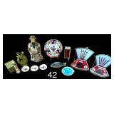 ORIENTAL THEME ITEMS: PORCELAIN PLATE, PORCELAIN MAN FIGURINE, 3 SMALL FLORAL PORCELAIN PLATES, 2 CHINESE CALLIGRAPHY SETS, FISH PLATE, DARTMOUTH ENGLAND CERAMIC FISH VASE, OTHER CERAMIC FISH, ETC.