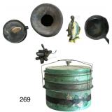 VINTAGE FLORAL PIE/CAKE TIN, 6.5” CAST IRON SKILLET, FISH CAST IRON DOOR KNOCKER, VINTAGE HEAVY CAST IRON SPITTOON, VINTAGE TIN SMUDGE POT LAMP AS-IS, SMALL ASSORTMENT OF LEAD WEIGHTS