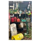METAL RACK W/ CONTENTS: 3 GAS CANS, SMALL ASSORTMENT OF YARD TOOLS, PLASTIC CRATES AS-FOUND, ETC.
