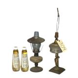 ANTIQUE OIL LAMP W/ TOLEWARE SHADE, EARLY ELECTRIC STATUE/FIGURAL BASE LAMP, 2 LAMP OIL BOTTLES (1 APPROX. HALF FULL, 1 FULL) - LIFETIME FOLDING TABLE INCLUDED BUT NOT PICTURED