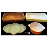 2 PYREX BAKING DISHES: 1 ROUND HARVEST WHEAT, 1 GREEN RECTANGULAR; BLUE FIRE-KING DIVIDED DISH