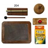 SMALL WOODEN GRAPE PATTERN BUTTER MOLD, J.W. STANDARD CHIME, SMALL CHALK BOARD W/ ERASER AND CRAYOLA CHALK