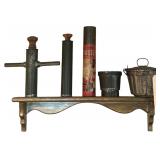 WOODEN WALL HANGING SHELF W/ CONTENTS: 2 SMALL VINTAGE CAKE MOLDS, ARTBECK BASTER, 2 ANTIQUE COOKIE PRESSES