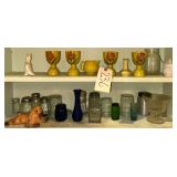 4 FLORAL EGG CUPS, CREAM PITCHER, ASSORTED GLASS SALT AND PEPPER SHAKERS, BLUE BUD VASE, SMALLER VASE, COMPOSITE DECORATIVE DOG, ETC.