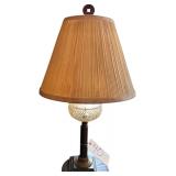 ELECTRIC LAMP W/ GLASS AND METALLIC BASE AND ORIENTAL FINIAL; OTHER ELECTRIC LAMP W/ GLASS, METALLIC, AND MARBLE TYPE BASE