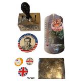 “PAID” STAMP BANK, TIGER HAVEN THERMOMETER, BRISTOL SILVER PLATE BOX, RICHARD NIXON BUTTON, ANDERSON FOR PRESIDENT BUTTON, 2 OTHER BUTTONS