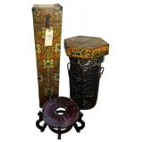 TALL TAPERED DECORATIVE ORIENTAL WOODEN BOX W/ METALLIC CORNERS AND LATCH, HEXAGONAL ORIENTAL DECORATED DIVIDED WOODEN BOX, WICKER HAMPER/BASKET W/ LID, WOODEN ORIENTAL PLANT STAND