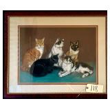 FRAMED AND MATTED CAT PRINT DEPICTING 5 CATS - VIEWING ARE APPROX. 15.75” X 21.5”