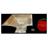 BLENKO RED ART GLASS BASKET W/ GREEN APPLIED HANDLE, FRANK O’REILLY 2005 SQUARE GLASS BOWL