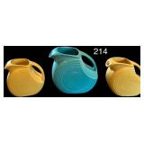 3 FIESTA MADE IN USA PITCHERS: 1 LARGER TURQUOISE, 2 SMALLER YELLOW