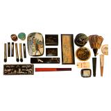 ORIENTAL THEME ITEMS: FANS, BLACK LACQUER BOXES, SMALL RED LETTER JAPAN DIVIDED DISH, FRAMED PRINT, MINIATURE DECORATIVE BOWLS, SMALL HANDHELD MIRROR, ETC.; SMALL HAND MADE FLORENTINE ITALY PLATE; 2 C