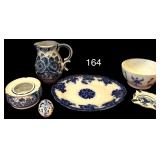 WALDORF FLOW BLUE PLATTER; 5 PIECES OF DELFTS BLUE HOLLAND: PITCHER, BOWL, COASTER, ASH TRAY, EGG