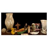 HEAVY GLASS VASE (APPEARS TO BE CRYSTAL), SMALL CLAY WARE POTTERY PITCHER, SMALL “THE PARACLETE” FIGURINE, OLD MAN IN BOAT W/ DOG, WILLOW TREE ANGEL W/ CAT, RAINBOW TROUT MUG, PORCELAIN FISH ASH T