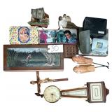 WOODEN EDDIE BAUER BOX, WOODEN CRUCIFIX, BANJO STYLE QUARTZ CLOCK AS-FOUND, SHOE STRETCHERS, ASSORTED TINS, WILLOW TREE FIGURINE AS-IS, WOODEN MARBLE GAME, WOODEN BANK AS-IS