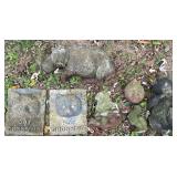 7 PIECES OF DECORATIVE CONCRETE YARD ART: CAT CROSSING X2, RHINOCEROS, 2 BEARS, PELICAN, ETC.; IRON FISH, METALLIC SPIDER