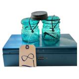 2 BLUE BALL IDEAL MADE IN USA BICENTENNIAL JARS, METALLIC COMBO BOX