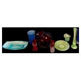 LOT OF DEPRESSION ERA GLASSWARE: RUBY RED BULBOUS TILTED PITCHER, COBALT BLUE TUMBLER, URANIUM GLASS PLATE, URANIUM GLASS BUD VASE, BLUE HOBNAIL HAT, FLASH SHOT GLASS, COBALT BLUE ART VASE, SMALL RUBY