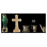 WATERFORD CRYSTAL CROSS, PORCELAIN PARAKEET, 2 SILVER PLATE ITEMS, SMALL TIN ITEM