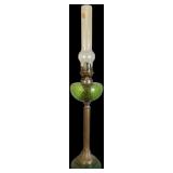 TALL (APPROX. 29”) OIL LAMP W/ GREEN GLASS GLOBE AND GREEN BASE