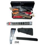 CRAFTSMAN METRIC BIT SET (MISSING 19MM), HUMVEE AXE, PLIERS, CHANNEL LOCKS, BALL PEEN HAMMER, ASSORTMENT OF OTHER TOOLS