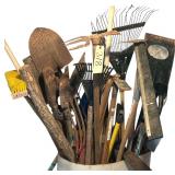ASSORTMENT OF LAWN TOOLS: POST HOLE DIGGER, RAKES, HOE, SHOVELS, PITCH FORK, MATTOCK, ETC.
