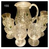 WATERFORD CRYSTAL GLASS PITCHER W/ 4 MATCHING WATERFORD CRYSTAL STEM GLASSES, 2 OTHER MISMATCHED CRYSTAL STEM GLASSES