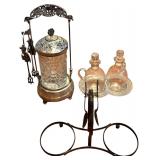 ANTIQUE VICTORIAN PICKLE CASTER W/ TONGS, GLASS CONDIMENT BOTTLES W/ GLASS TRAY, CAST IRON CONDIMENT BOTTLE BOTTLE HOLDER (NO BOTTLES)