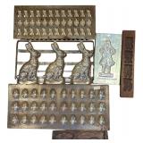 3VINTAGE HEAVY METALLIC CHOCOLATE MOLDS, VINTAGE HEAVY METALLIC GINGERBREAD MAN MOLD, 2 VINTAGE WOODEN CHOCOLATE MOLDS