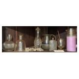 LOT OF CLEAR GLASSWARE: 2 PITCHERS, FOOTED DRINKING GLASS, LARGE FLASK, 2 DECANTERS, ASSORTED STOPPERS, BULBOUS VASE