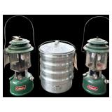 2 COLEMAN LANTERNS, VINTAGE ALUMINUM LUNCH PAIL