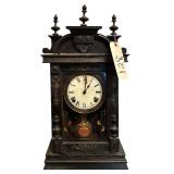 VINTAGE REVERSE PAINTING ORIENTAL CLOCK W/ KEY, PENDULUM, AND PORCELAIN DIAL - CLOCK AS-IS, NON-WORKING
