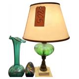 HAND BLOWN GREEN ART GLASS VASE, ART GLASS EGG SHAPE PAPERWEIGHT, ELECTRIC LAMP W/ GLASS, BRASS, & MARBLE BASE