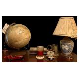 REPLOGLE 12” DIAMETER WORLD CLASSIC SERIES GLOBE AS-IS, CRUCIFIX, PINEWOOD DERBY CAR, SANYO ALARM CLOCK, CANDLE, SMALL BIRD CLOCK, DRINKING MUG, MARYLAND ELECTRIC LAMP