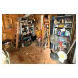 BOTTOM OF SHED LOT: SHOP STOOL, FOLDING SAWHORSES, RYOBI STRING TRIMMER (NO CHARGER), PAINT ROLLERS, METAL RACK, DESK AND CHAIR, SORTERS, HAMMERS, SCREWDRIVERS, PAINT SUPPLIES, LASKO TOWER HEATER IN O