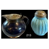 ANTIQUE COBALT SYRUP PITCHER, ANTIQUE BLUE MILK GLASS SUGAR SHAKER