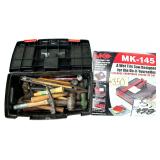 MK BRAND MODEL MK-145 WET TILE SAW, PLASTIC TOOL BOX W/ ASSORTMENT OF HAMMERS - CLAW HAMMERS, BALL PEEN HAMMERS, MALLETS, ETC.