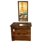 WOODEN 3-DRAWER CHEST W/ VINTAGE WALL HANGING MIRROR (MIRROR AS-FOUND)