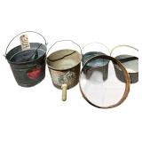 GALVANIZED BUCKET, CAT FEEDING BUCKET, ANTIQUE SIEVE, 2 OTHER SMALL METALLIC BUCKETS